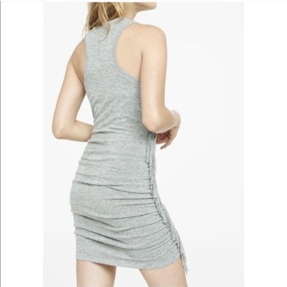 Express Fringe Ruched Racerback Heathered Gray Dress - Picture 11 of 12